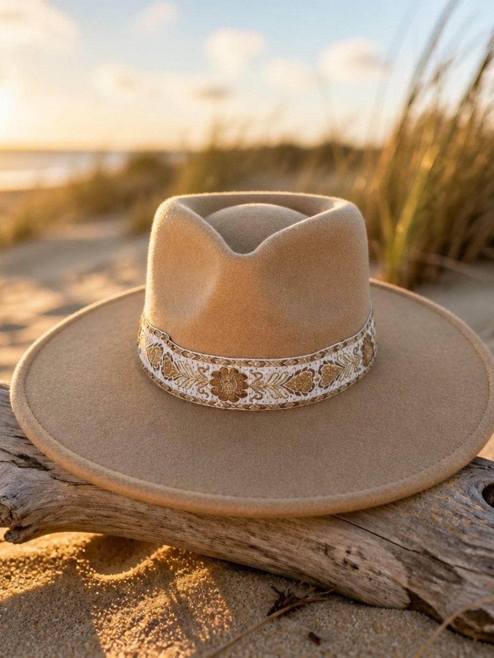 Women's Tan Wide-Brim Hat with Decorative Band